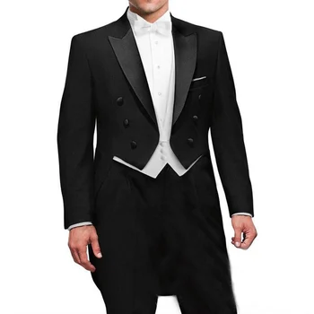 

Black Wedding Groom Man Tail Coat with Double Breasted Gentleman Men Suits 3 Piece Set Custom Jacket White Vest Pants