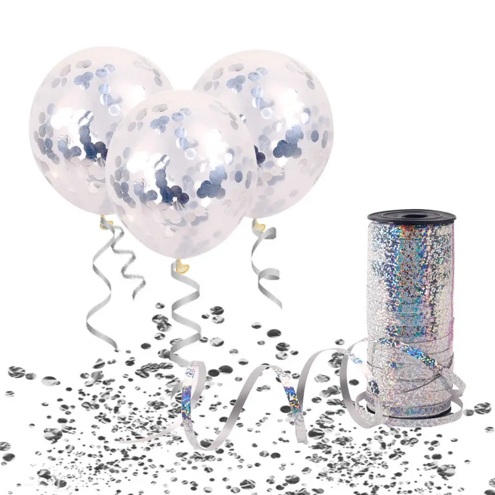 1pc 100 Yard Happy Birthday Crimped Curling Ribbon Roll Silver Balloon