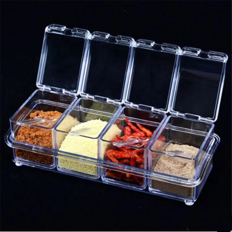 

4PCS/Set Spice Jar Seasoning Can Sugar Bowl Transparent Colorful Lid Seasoning Box Kitchen Tool Salt Condiment Cruet Storage Box