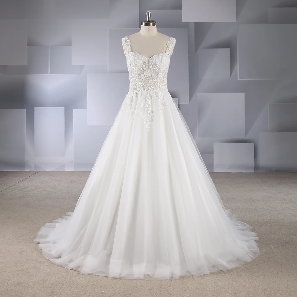 

Rosabridal A line wedding dress 2018 Factory price square neck and open back full beading bodice lace appliques tulle gown