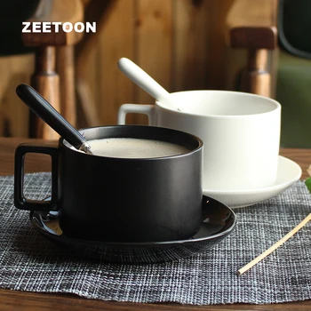 

350ml Brief Coffee Cup with Spoon Saucer Kit Ceramic Black White Handle Mug Drinkware / Master Breakfast Milk Cups Tea Mugs Gift