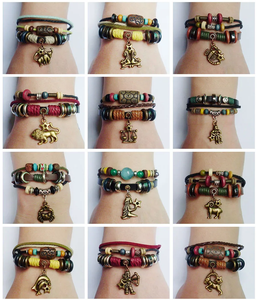 

New 12 Zodiac Sign Charm Hemp Leather Bracelet Aquarius Capricorn Pisces Scorpio Libra Gemini Sagittarius for Men Women Surfer