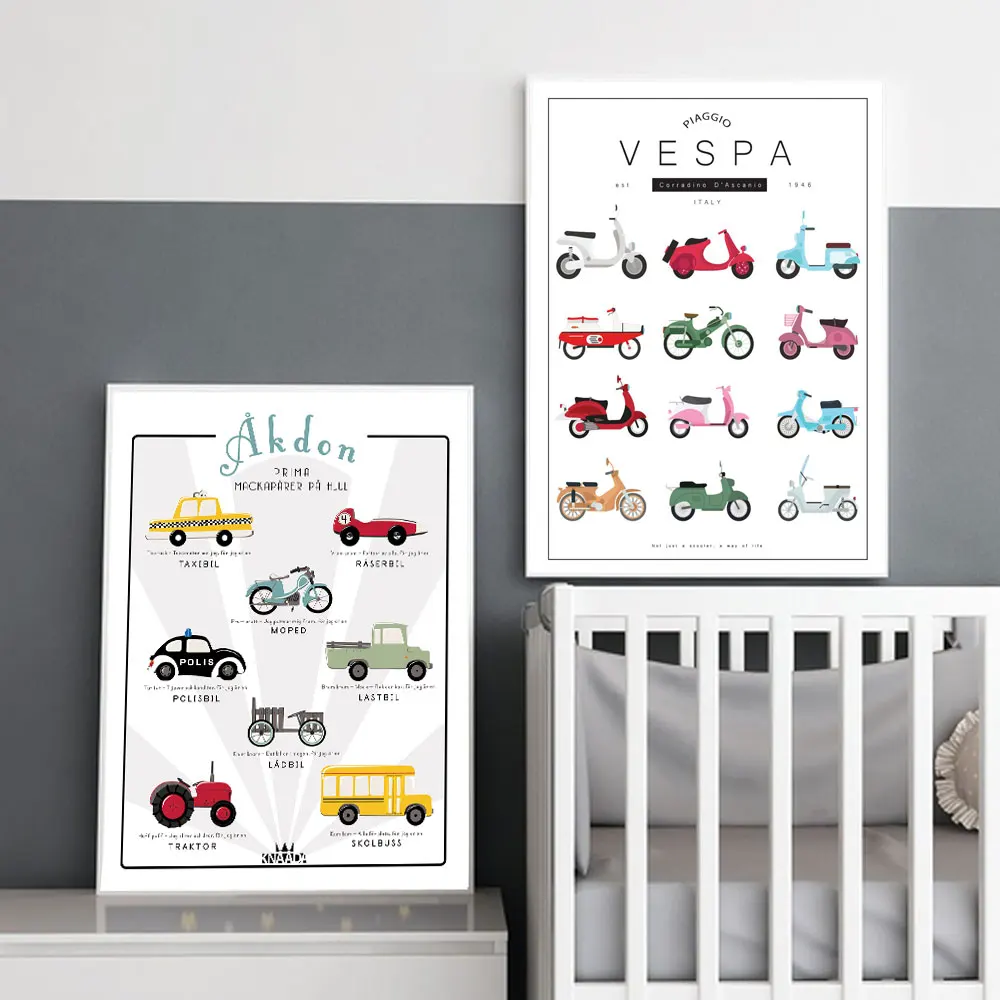 

Cartoon Car Scooter Nursery Canvas Painting Nordic Posters And Prints Art Wall Pictures Children's Room Bedroom Home Decoration