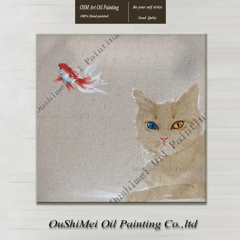 

Original Hand Painted Museum Quality Playing Cat with Fish Oil Painting on Canvas Painting Picture Wall Animals Oil Paintings