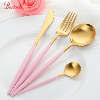 

4 Pcs /Set Pink Gold Cutlery Set Food Stainless Steel Table Knife and Fork Spoon Tablespoon Dinnerware Sets Kitchen Tool