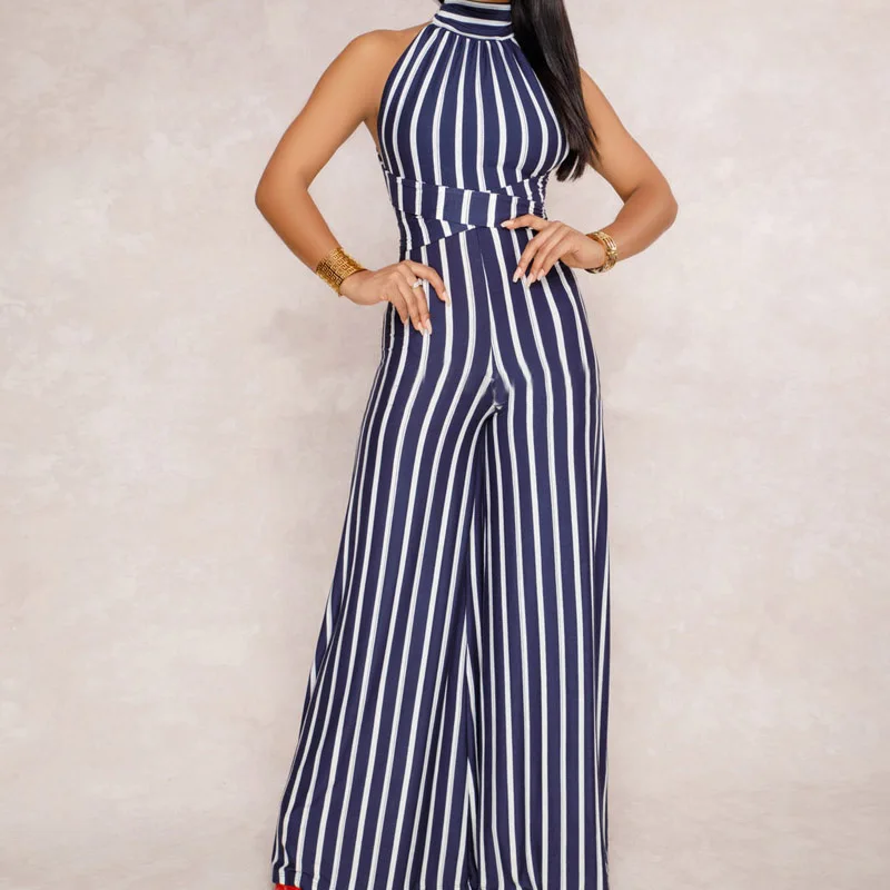 

2019 Spring Straight Solid Striped Women Lace-up Loose Wide Leg Pant Jumpsuits Sleeveless Backless Tube Top Clothes Sexy Rompers
