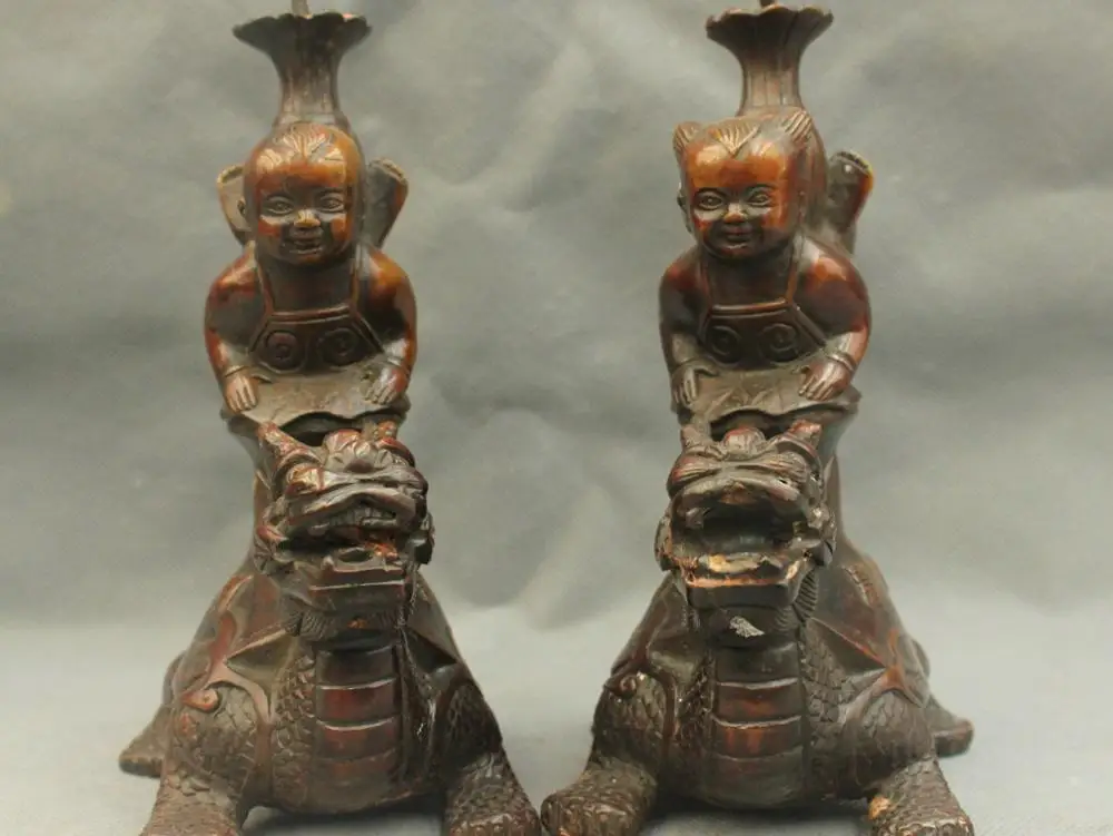 

8'' China Boy Ride Lion Kylin Foo Dog Candle Lucky Bronze Statue Pair