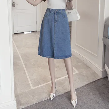 

S Code To 5XL 2019 Spring and Summer Large Size Women's Denim Skirt High Waist Was Thin In The Long Section A Word Skirt