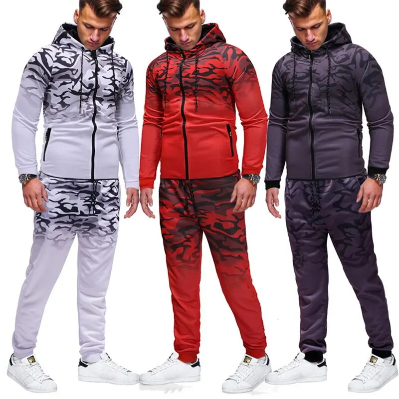 

SHUJIN Autumn Winter Camouflage Men Suits Patchwork Hooded Men's Sportswear Tracksuit Two Pieces Set Drawstring chandal hombre