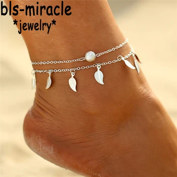 Bls-miracle Summer Beach 2-Color Foliage Pendant Anklet Bracelet Bohemian Handmade Beaded Feet Gothic Jewelry AX-06