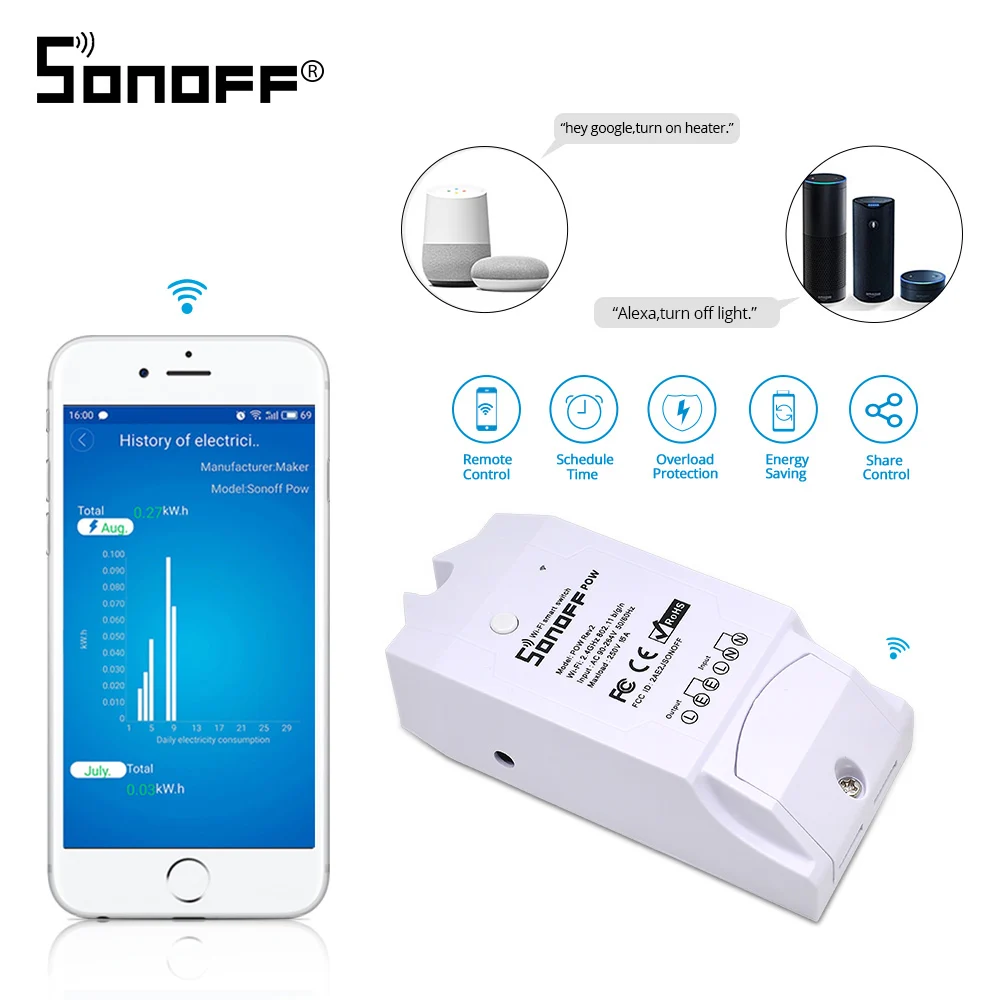 Умный выключатель ITEAD SONOFF Pow R2 15 А 3500 Вт Wi Fi с поддержкой Alexa/IFTTT/Google Home Assistant