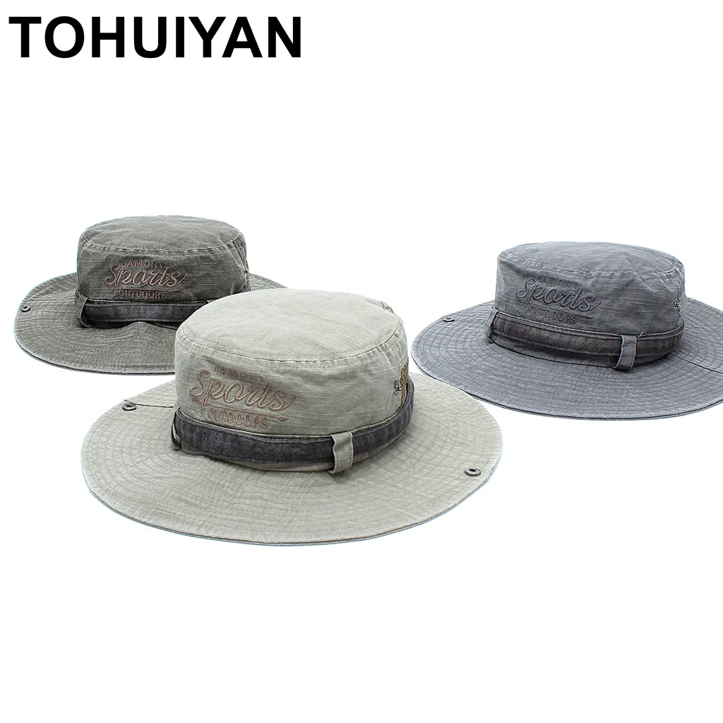 

TOHUIYAN Cotton Bucket Hat Men Letters Embroidery Fisherman Caps Outdoor Wide Brim Fishing Hat Hiking Sombrero Sun Hats For Men