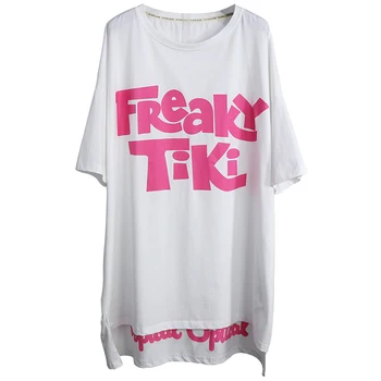 

Pink Letter O Neck Pullovers Tops Summer Asymmetrical Medium-long Students Tshirts Large Size Loose Cotton Short Sleeve T-shirts
