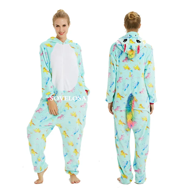 Зима Животное шитая Пижама единорог пижамы набор комбинезонов кигуруми Unicornio для женщин мужчин унисекс взрослых фланелевые Комбинезоны для взрослых