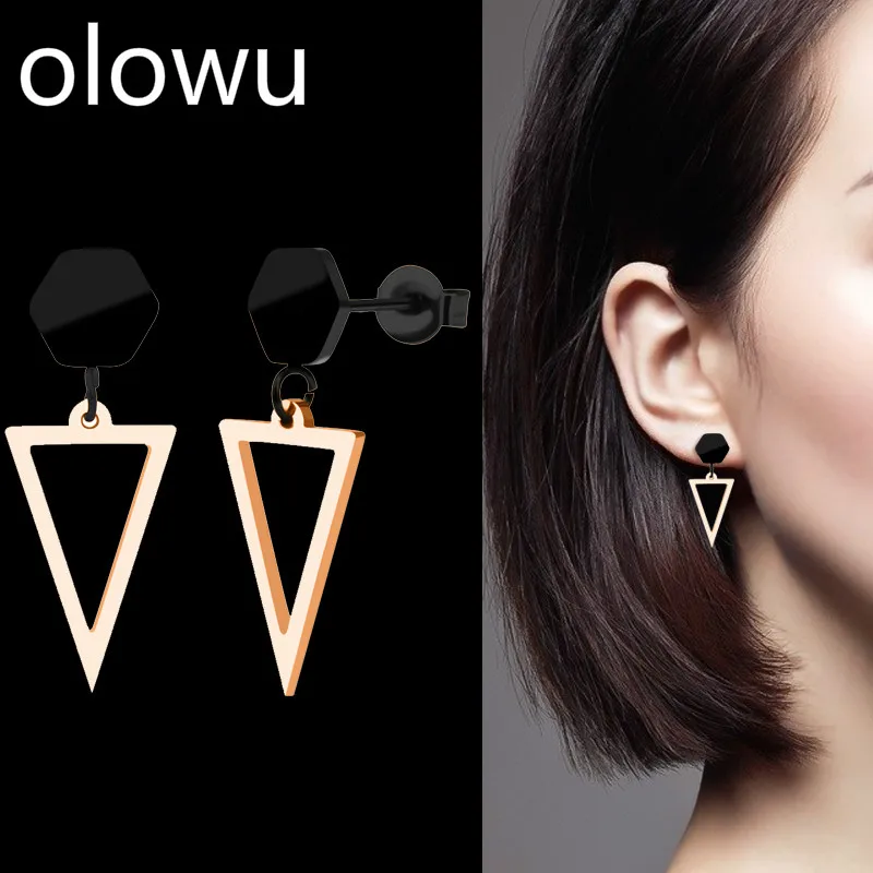 

olowu New Fashion Rose Gold Silver Stainless Steel Hexagon Drop Earrings Jewelry Hollow Triangle Geometric Dangle Earring Women