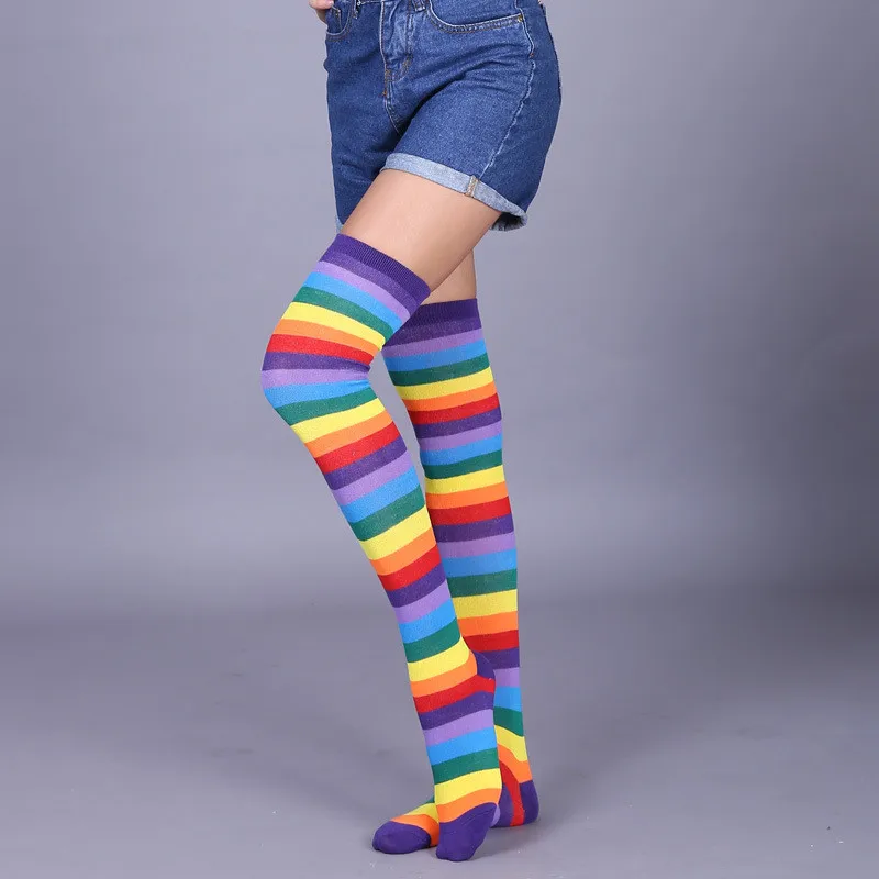 Howfits женские радужные хлопковые носки сексуальные Полосатые выше колена женские длинные - Цвет: 1