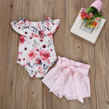 

Summer Baby Girl Casual Flare Sleeve Cotton Floral Print Romper Tops Striped Shorts Outfits Set