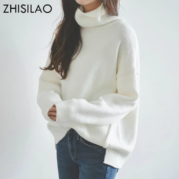 

ZHISILAO Women Sweaters and Pullovers Plus Size Sweater Maxi Turtleneck Pull Femme Hiver Solid Long Sweater Femme Cashmere White