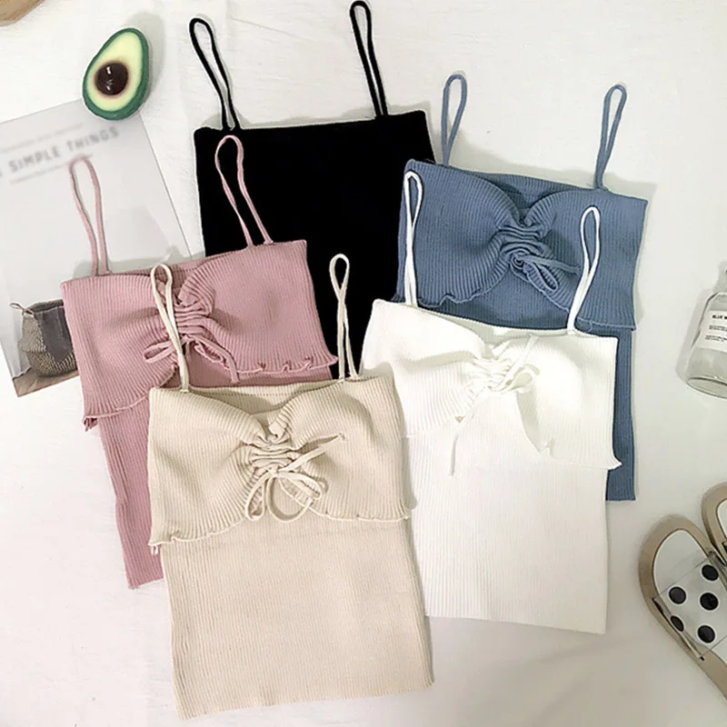 

Summer Sexy Backless Sleeveless Camisole Women Ice Silk Knitted Camis Top Retro Vintage Solid Bow Lace-up Camisole Vest Female