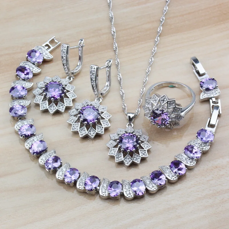 

Flower 925 Silver Purple Crystal Zircon Women Costume Jewelry Sets Earrings/Necklace/Bracelet/Ring Handse Independent Gift Box