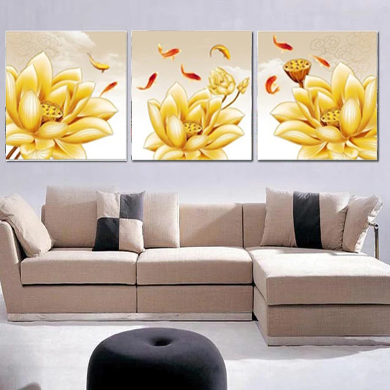 3 шт. Абстрактная Картина на холсте Золотой лотос | Дом и сад