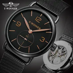 Модные часы Winner, лучший бренд, роскошные минималистичные повседневные механические часы для мужчин, черные сетчатые стальные ультратонкие