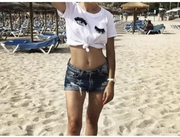Cartoon women 2018 eyes summer casual short-sleeved T-shirt white blinking print cute Harajuku large size S-2XL T shirt Cartoon women 2018 eyes summer casual short-sleeved T-shirt white blinking print cute Harajuku large size S-2XL T shirt