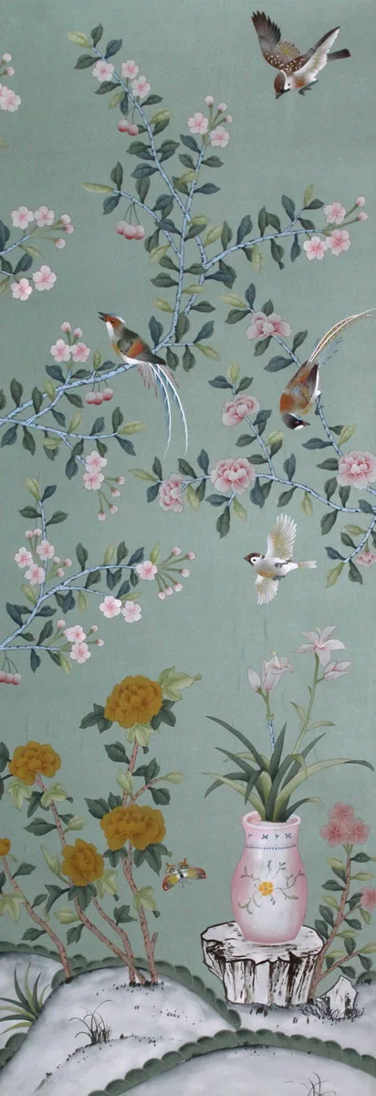 

Classic elegant Hand-painted silk wallpaper Customized painting flowers with birds and fence many patterns / background optional