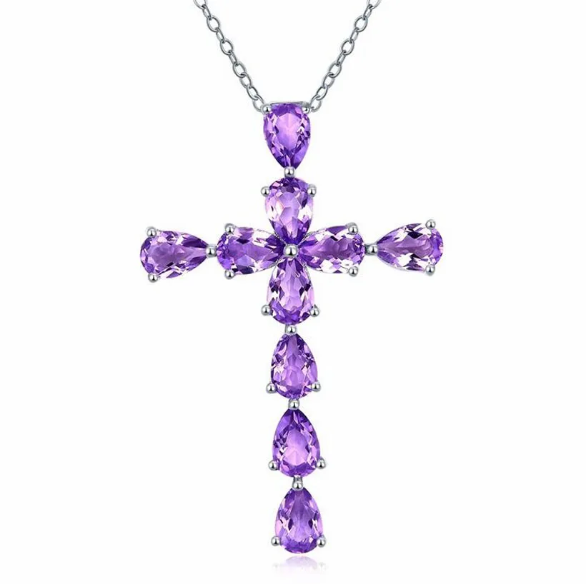 Fashion Silver Color Purple Crystal Crosses Pendant Necklace For Women Cross Short Clavicle Party Christian Jewelry | Украшения и