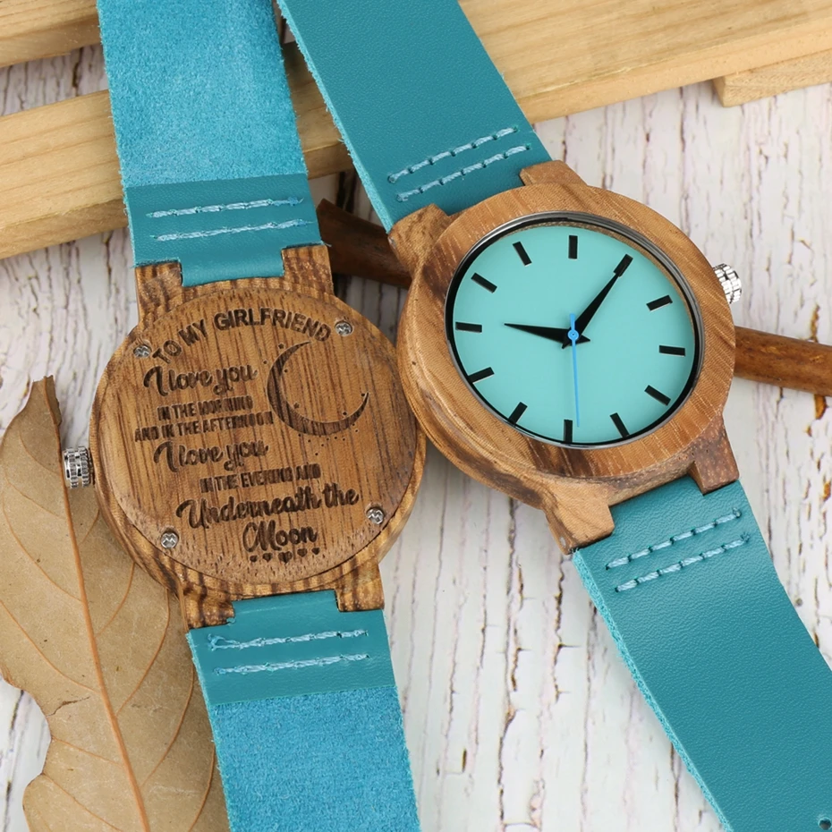 Wood Watch Customized-Logo Gifts Girlfriend Genuine-Leather Women DIY with Blue Souvenir