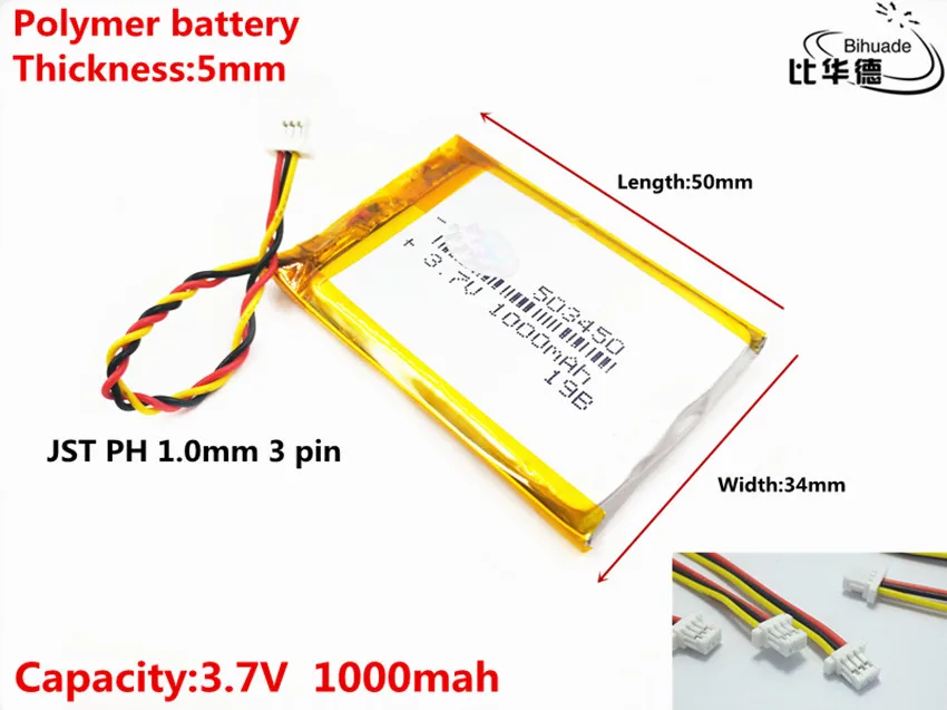 JST PH 1,0 мм 3 контакта хорошего качества 3,7 V, 1000 mAH 503450 полимерный литий-ионный/литий-ионный аккумулятор для планшетных ПК банк, gps, mp3, mp4