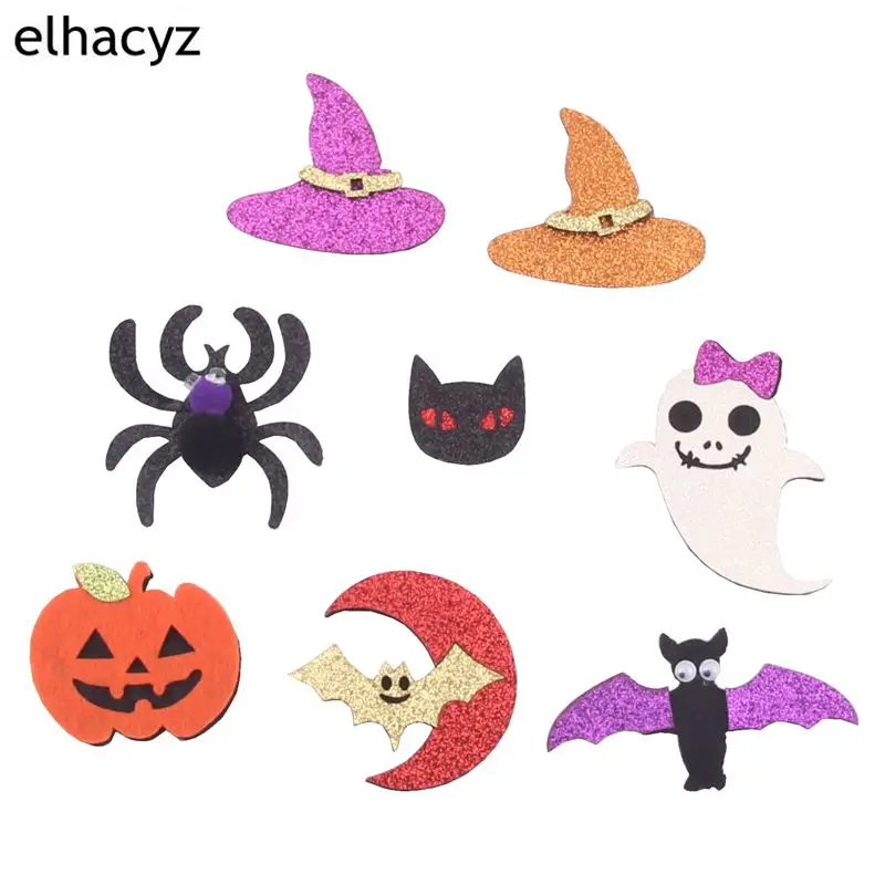 10Pcs/Lot Glitter Halloween Cartoon Skull Bat Ghost Pumpkin For Kids Girl Headband Handwork Festival Party DIY Hair Accessories