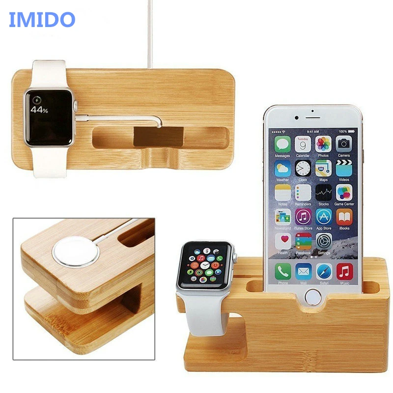

Cell Phone Charger Dock with Watch Bamboo Holder Desk Wood Charging Stand for Apple Watch 38mm 42mm iPhone X 7 6s Plus