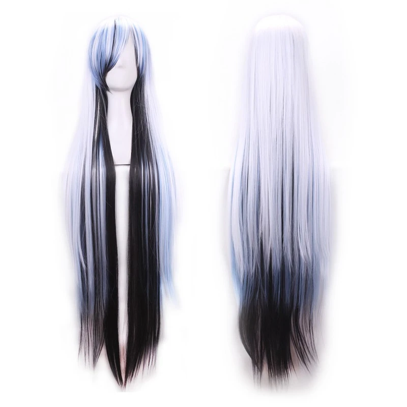 

100 Cm Harajuku Anime Wig Cosplay Long Straight Heat Resistant Synthetic Hair Black White Blue Ombre Wig/Wigs Japanese Perruque