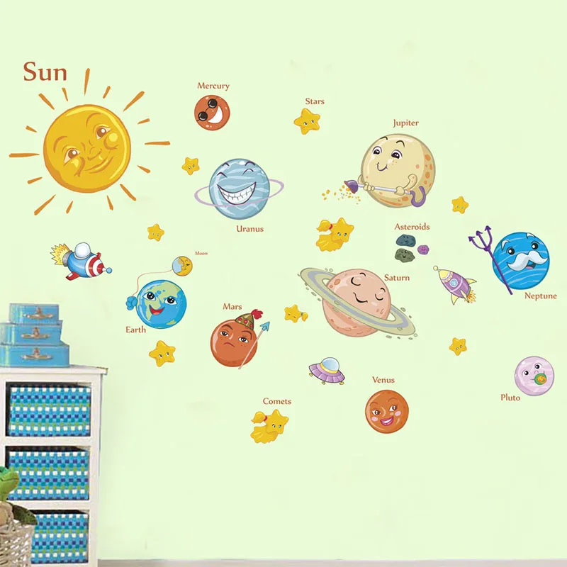 Lovely Solar System Wall Stickers For Nursery Kids Rooms Decorations Outer Space Planets Home Decor Mural Wall DIY Art Decals