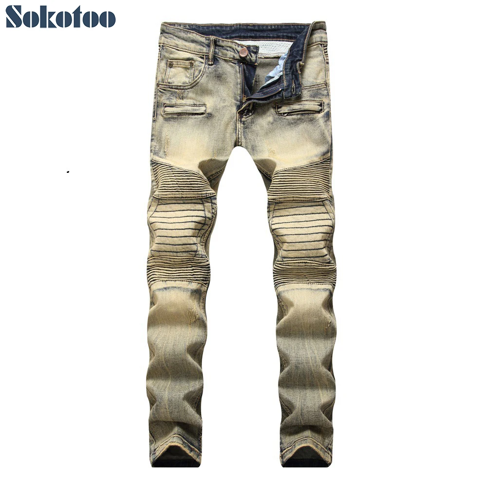 

Sokotoo Men's slim straight patchwork pleated biker jeans for motorcycle Vintage denim pants