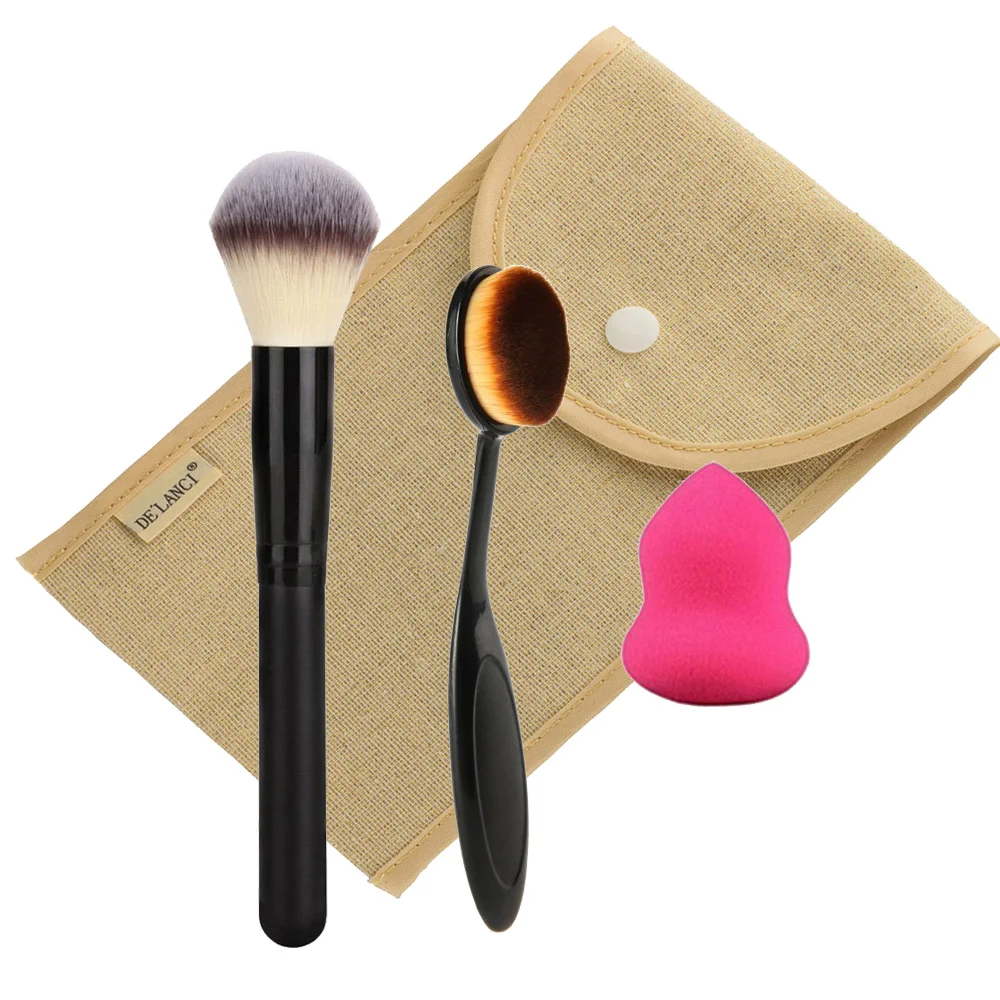 

DE'LANCI 3 in 1 Travel Makeup Tools Set Foundation Toothbrush Oval Makeup Brush + Blending Sponge Puff + Powder Blusher Brush