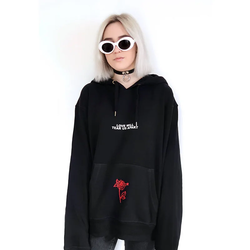 People Are Poison Rose Sleeve Print Hoodie Sweatshirt Black