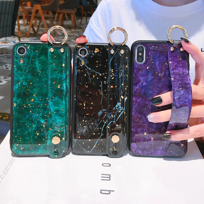 Fashion Marble Gold Foil Wrist Strap Phone Case For iphone XS MAX Holder Cases X XR 6 6s 7 8 Plus Cover |