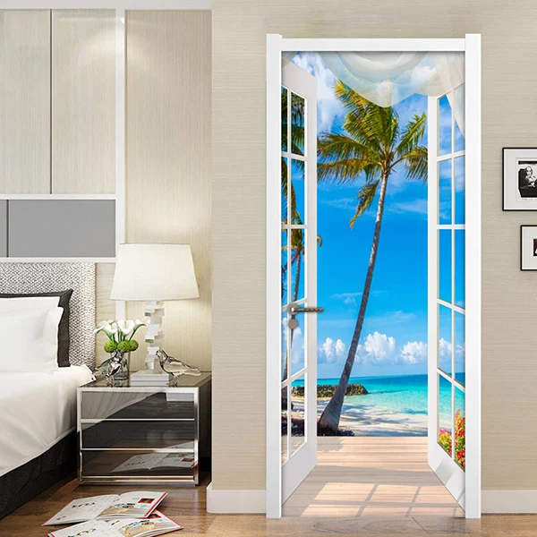 3D наклейка на дверь, окно, балкон, кокосовое дерево, вид на море, Настенные обои, наклейка s, самоклеющиеся съемные домашние наклейки на двери и стены - Цвет: Многоцветный