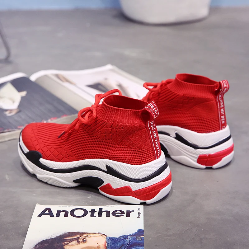 ADBOOV/; модные высокие кроссовки; женская дышащая обувь на платформе с вязаным верхом; tenis feminino; повседневная женская обувь; Цвет черный, красный