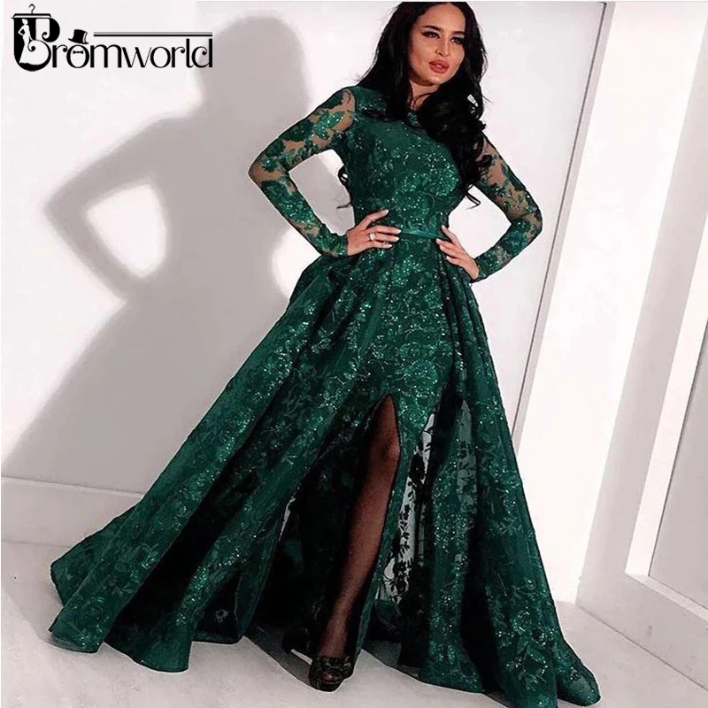 Зеленое, с длинным рукавом мусульманские Вечерние платья Кружева блесток разрез Восточный кафтан из Дубая саудовско-Аравийский элегантное торжественное платье вечернее платье