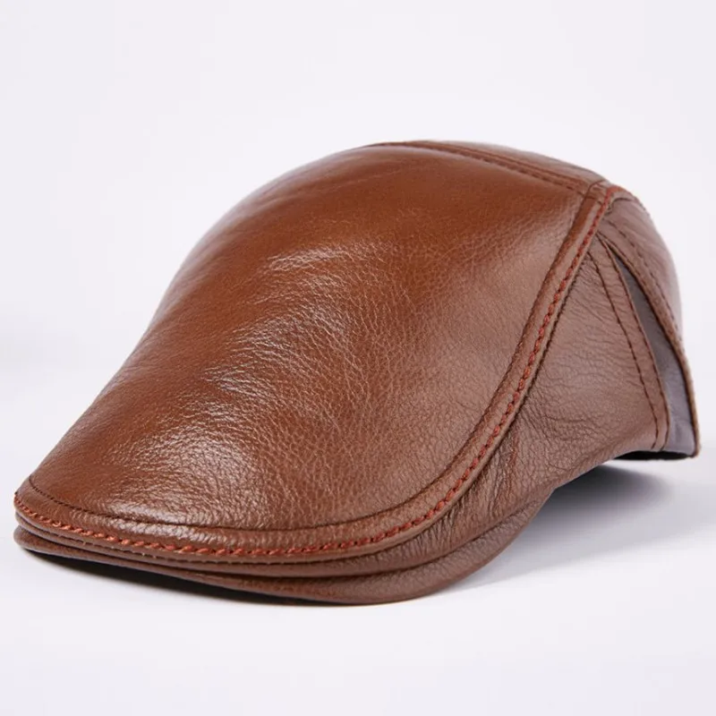 

XdanqinX Men's Genuine Leather Caps Winter Warm Cowhide Leather Berets For Men Personality Hip-hop Trend Brand Male Bone Cap