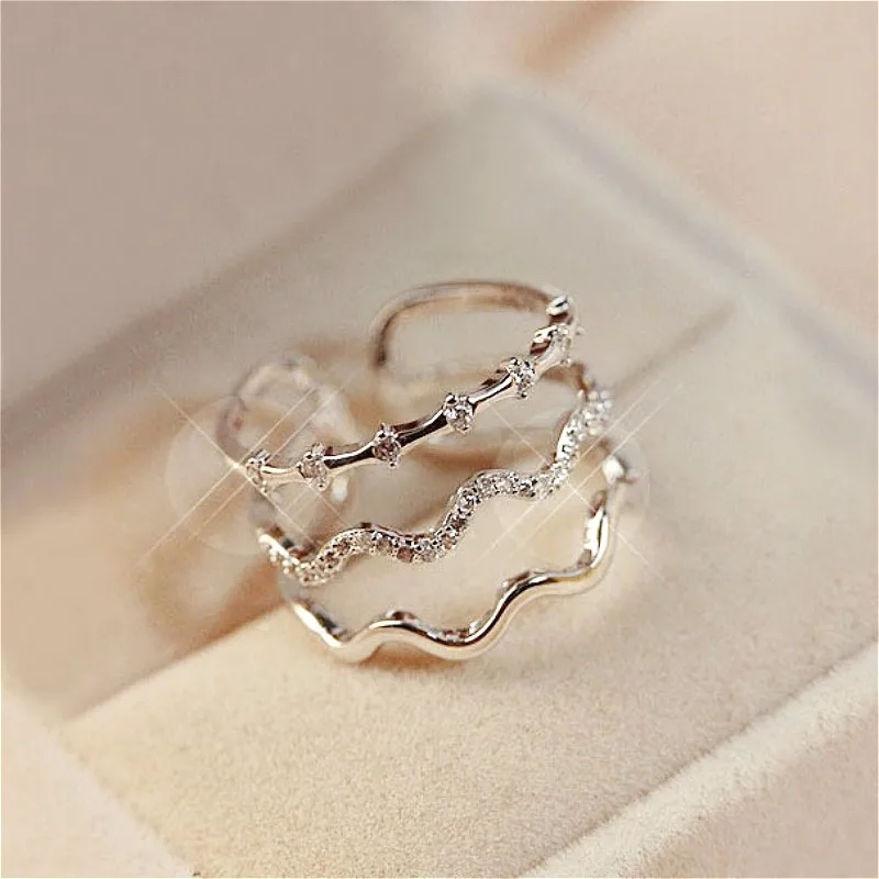

Micro Pave Zircon Open Adjustable Rings For Women Bijoux New Fashion Multilayer Wave Jewelry Accessories