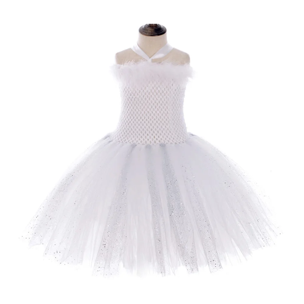 Белое балетное платье с Лебединым озером; платье феи для девочек; блестящее вечернее платье с перьями для детей; праздничное платье-пачка для косплея ангела; Vestido