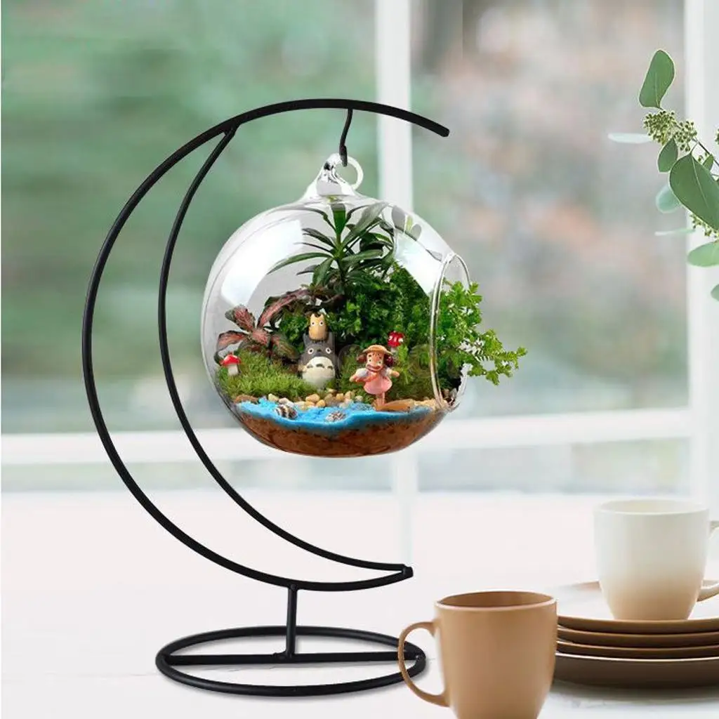 Moon Shape Hanging Vase Plant Stand Holder Wooden Base Garden Tabletop
