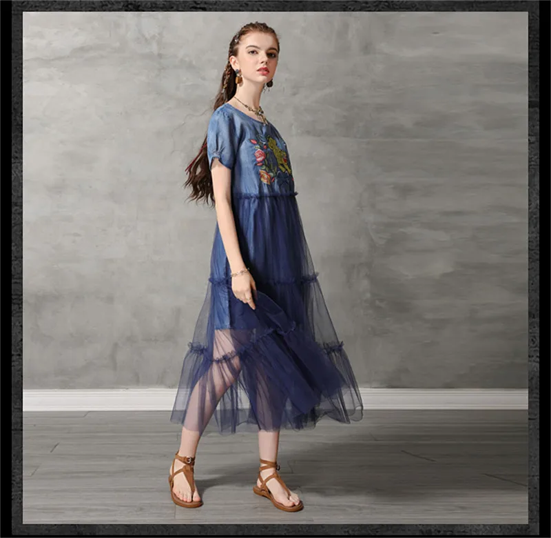 Summer Sexy Mesh Dress 2019 Vintage Women Denim Dresses Tiger Embroidery Chiffon Patchwork Vestido O-neck Dress KE82176 (11)