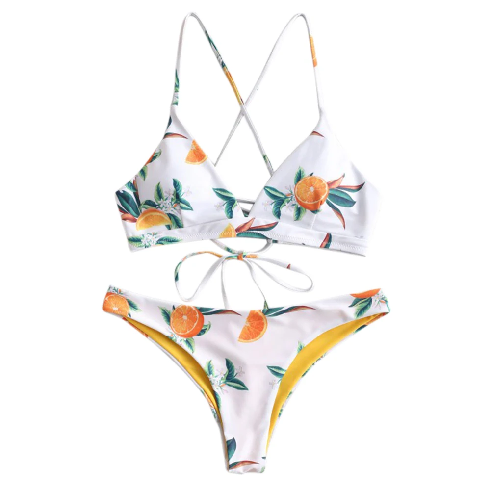 

Women Swimming Adults Bikini Set Orange Print Beach Adjustable V Neck Sling Two Piece Criss Cross High Waist Sexy Backless