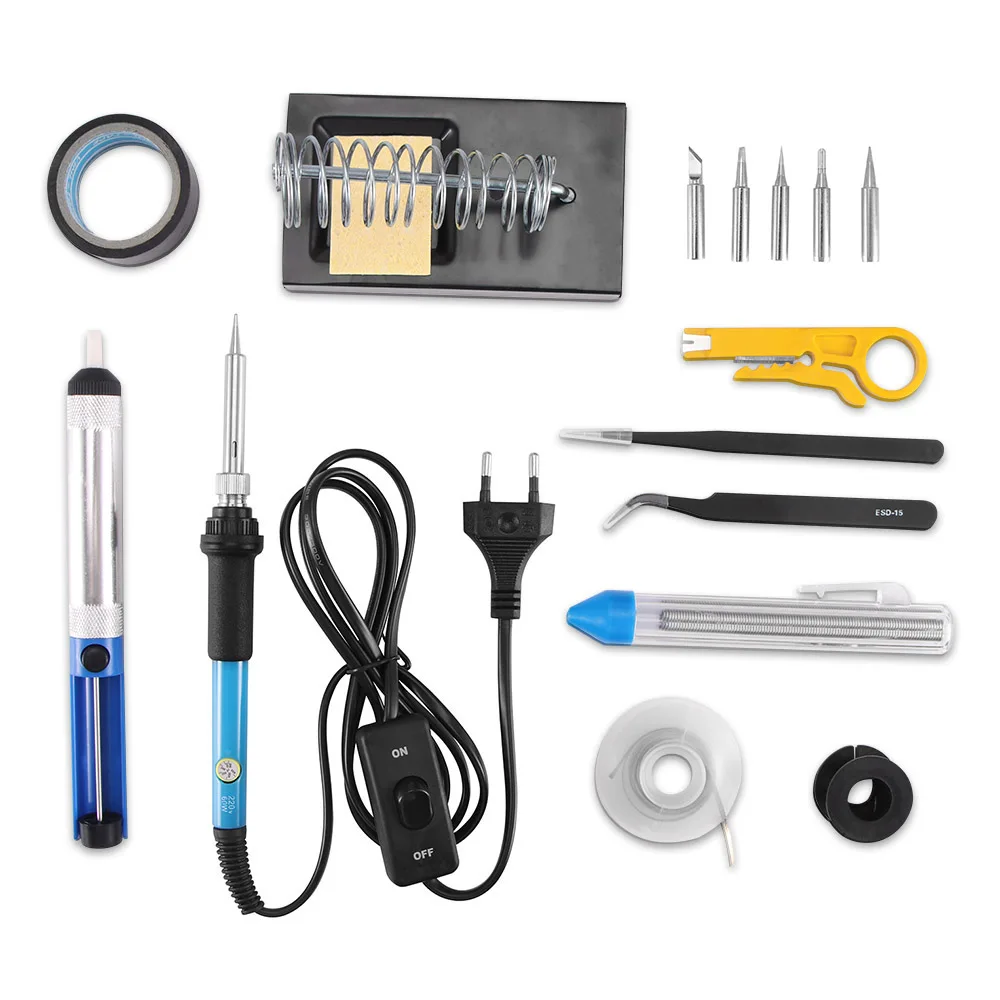 

16pcs 220V 60W Adjustable Temperature Electric Soldering Iron Kit Welding Solder Station Heat Pencil Repair Tool Kit EU Plug