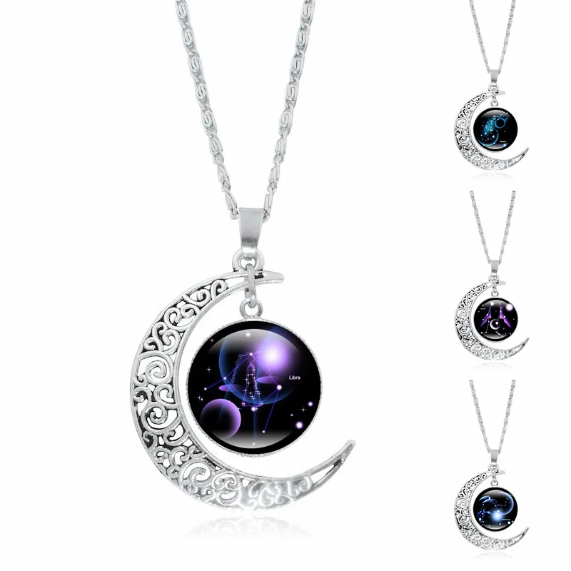 

12 Constellation Glass Cabochon Pendant Necklace Glow In The Dark Zodiac Jewelry Silver Crescent Moon Chain Necklace Women